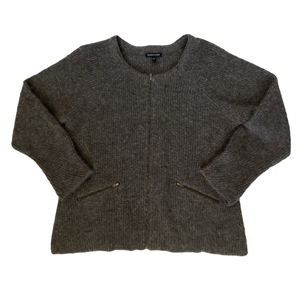 Eileen Fisher Alpaca Zippered Cardigan Sweater Brown Large